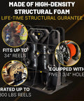 Heavy-Duty Wire Spool Rack And Dispenser For Electricians shown with reels, made of structural foam, fits 34 inch, 300 lb reels.
