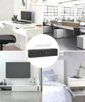 Under Desk Power Strip With 3M Adhesive Mount, 4 Outlets And 1200J Surge Protector, shown in various workspace settings.