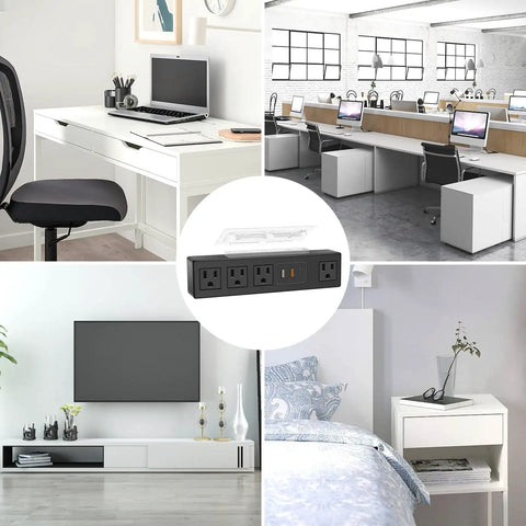 Under Desk Power Strip With 3M Adhesive Mount, 4 Outlets And 1200J Surge Protector, shown in various workspace settings.