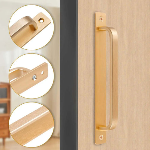 2 Pack Barn Door Handles for Cabinets and Drawers, Aluminum Alloy Flush Flat Base Pulls in Gold, 7.56 Inch, shown on wooden door
