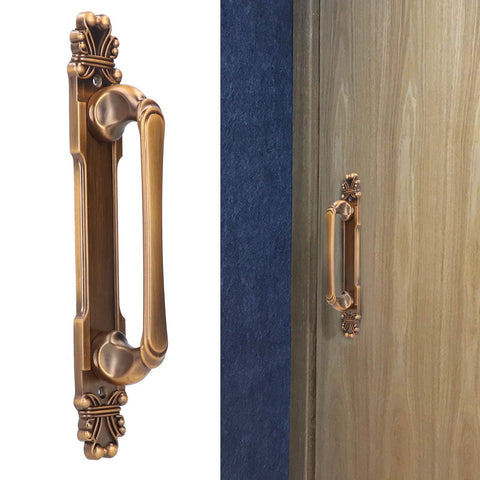 Antique Zinc Alloy Door Pull Handle For Cabinets And Drawers, shown installed on a wood door, features classic European style design.