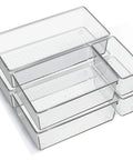Six Pack Clear Acrylic Drawer Organizer Trays Featuring Non Slip Silicone Pads, various sizes stacked, ideal for storage organization.