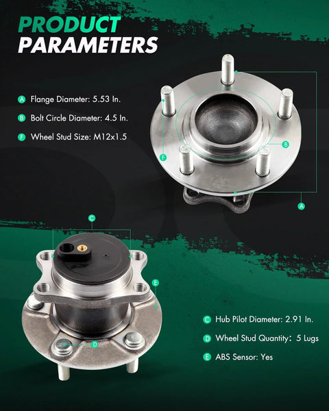 Two Pack Rear Wheel Hub Assembly For Mitsubishi Lancer 2008 To 2016 2.0L 2.4L Outlander 2008 To 2013 Outlander Sport 2011 To 2012 5 Lug FWD Part 512394 on display showing product parameters