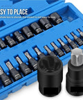 Top Tier Hjkltopu E Type Spline Socket Set With Hollow Hex Bits For Auto Repair 1/4 3/8 1/2 Inch Drive 25mm To 55mm Size Combo Kit Made Tough For Garage Work, blue case