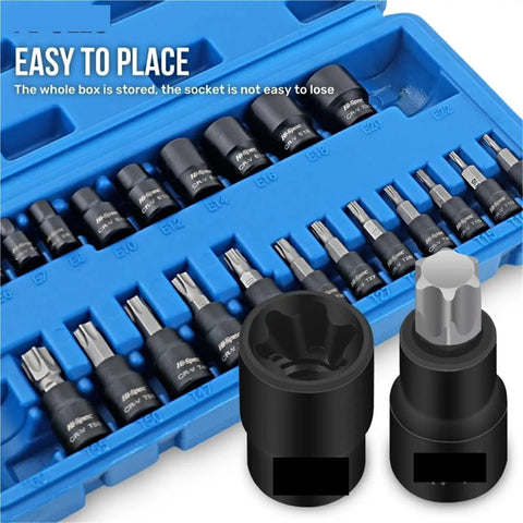 Top Tier Hjkltopu E Type Spline Socket Set With Hollow Hex Bits For Auto Repair 1/4 3/8 1/2 Inch Drive 25mm To 55mm Size Combo Kit Made Tough For Garage Work, blue case