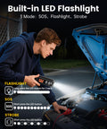 Man using Portable On The Go Tire Inflator Air Pump With Digital Pressure Gauge And Auto Shutoff near car engine