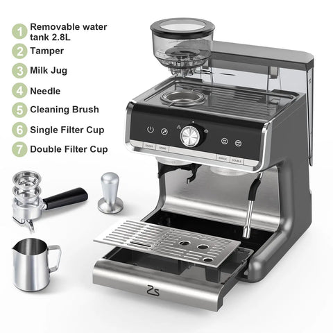 Premium Espresso Machine With Built In Grinder And Silky Milk Frother For Homemade Cafe Favorites Featuring 20 Bar Pressure And 95 Oz Tank Plus 30 Grind Options, showing components on a kitchen counter.