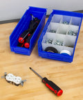Heavy Duty Plastic Shelf Bins For Garage, Closet And Drawer Organization, 12 By 4 By 4 Inches, Blue, 24 Pack, filled with tools and screws