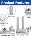 500-Piece Stainless Steel Nuts And Bolts Kit With Flat Washers And Phillips Pan Head Screws, M2 Metric Set