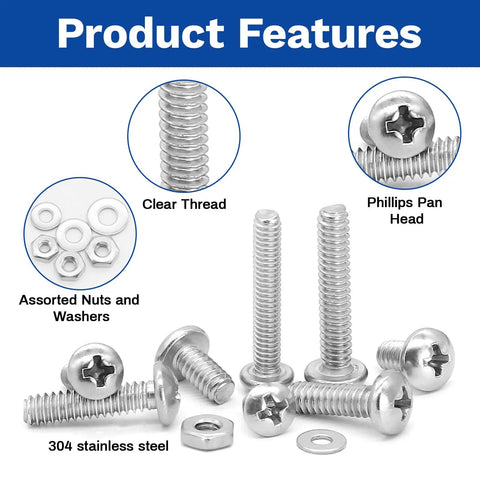 500-Piece Stainless Steel Nuts And Bolts Kit With Flat Washers And Phillips Pan Head Screws, M2 Metric Set