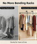Comparison of Flimsy Plastic Rack and Heavy Duty Industrial Pipe Clothing Rack With Four Hanging Rods Wall Mounted Garment Rack Black Steel Frame.