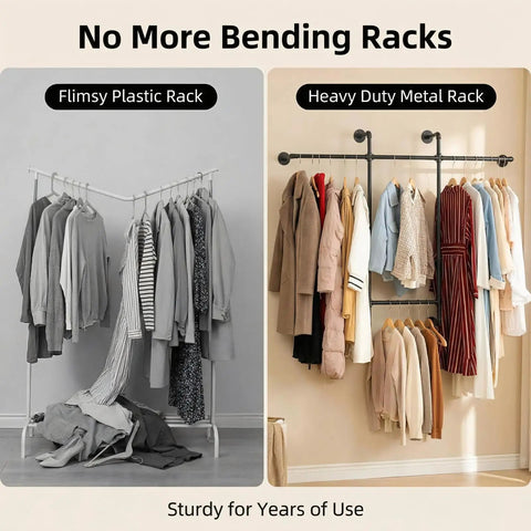 Comparison of Flimsy Plastic Rack and Heavy Duty Industrial Pipe Clothing Rack With Four Hanging Rods Wall Mounted Garment Rack Black Steel Frame.