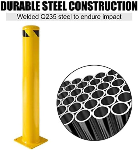 Rock Solid Steel Safety Bollard Heavy Duty Four Pack 48 Inch Tall Bright Yellow Traffic Post with durable steel construction.