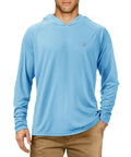 Man wearing blue UPF 50+ Long Sleeve Fishing Shirt For Men With Lightweight Sun Protection For Outdoor Hiking, front view.