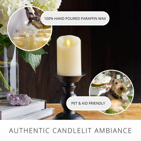 Flameless LED Ivory Pillar Candle With Real Wax Look, Battery Powered, in black holder on tabletop, realistic flame glowing.