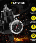 Adjustable EFI Fuel Pressure Regulator Kit with Bypass Return and Gauge, shown with features highlighted
