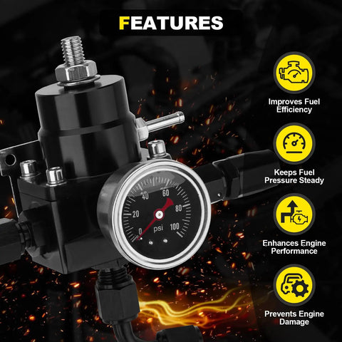 Adjustable EFI Fuel Pressure Regulator Kit with Bypass Return and Gauge, shown with features highlighted