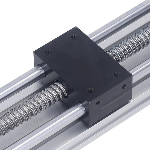 Close-up of the linear stage of Rock Solid 200mm Stroke Manual Ball Screw Linear Actuator with rail guide and ball screw.