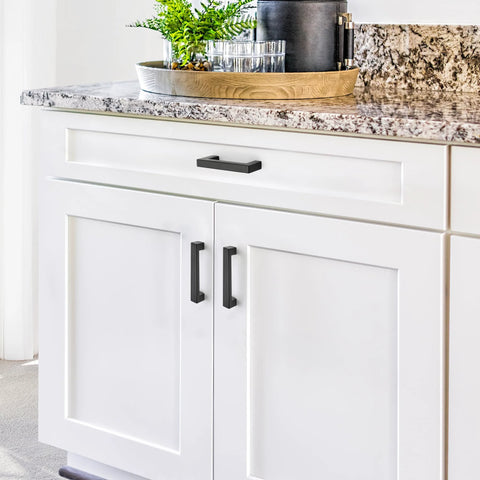 10 Pack Solid 5 Inch Square Matte Black Kitchen Cabinet Handles For Cabinets And Drawers Durable Cabinet Pulls Hardware Installed on White Cabinet