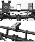 Bike Handlebar Extender With Dual Clamp Mount for Extra Space, featuring mounted lights and phone holder, black aluminum.