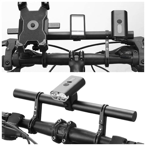 Bike Handlebar Extender With Dual Clamp Mount for Extra Space, featuring mounted lights and phone holder, black aluminum.