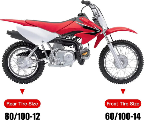 Dirt bike displaying tire sizes for Dual Front 2.50-14 And Rear 3.00-12 Tire Tube Set For Dirt Bikes Like CRF70 XR70 MX
