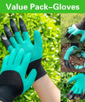 Turquoise gardening gloves with black claw tips in a value pack, shown in various garden settings.