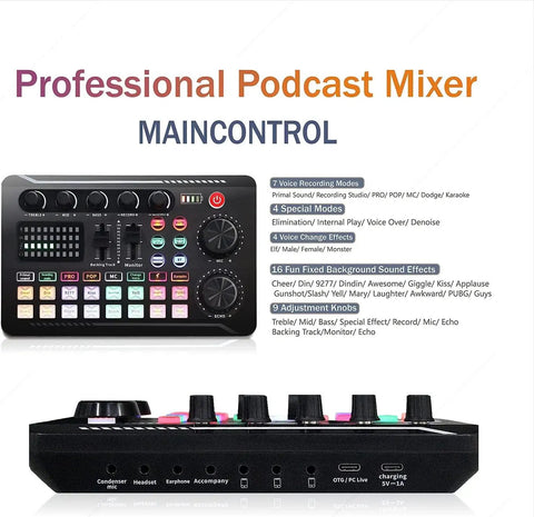 Front view of professional audio mixer panel from All In One Podcast Gear Bundle With Condenser Microphone, Tripod Stand, And Pro Audio Mixer For Studio Vocals, Voice Overs, Streaming, Broadcast, And YouTube Videos USB C Cable Included.