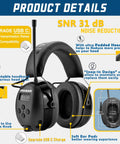 AM FM Bluetooth Five Point Four Radio Headphones with USB C Rechargeable 2000mAh Battery for Lawn Mowing Hearing Protection