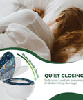 Elongated Resin Toilet Seat for Bathroom with quiet close feature, showing blue star design, gently closing on a toilet.
