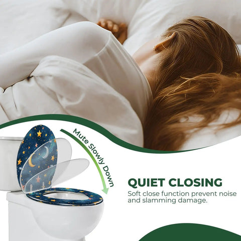 Elongated Resin Toilet Seat for Bathroom with quiet close feature, showing blue star design, gently closing on a toilet.