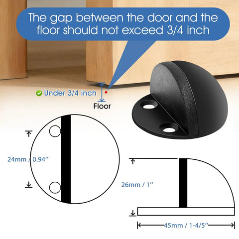 Diagram showing the gap allowance for Ditch The Door Swinging Wild And Save Your Paint With These Heavy Duty Floor Mounted Door Stop Pair Black Anti Slam Wall Protectors Tight Gap Fit Solid Core Home Essential.