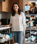 Person operating dishwasher with collage of service call, repair, and clean dishwasher images.