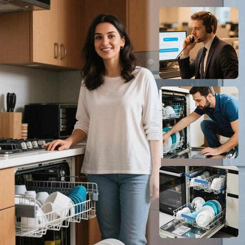 Person operating dishwasher with collage of service call, repair, and clean dishwasher images.