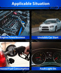 Four images showing engine powerlessness, unstable car start, increased fuel consumption, and dashboard fault light on.
