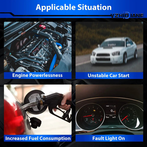 Four images showing engine powerlessness, unstable car start, increased fuel consumption, and dashboard fault light on.