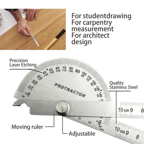 Heavy Duty Stainless Steel Angle Finder Protractor 180 Degree Dual Arm Ruler with precision laser etched markings for carpentry.