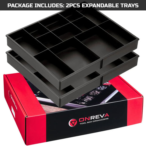 Expandable Large Toolbox Storage Tray Kit With Tray Divider Set For Rolling Tool Chest Drawers shown in packaging