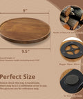 9 Inch Acacia Wood Lazy Susan Turntable Organizer for Cabinets showing dimensions, natural wood material, and stability features
