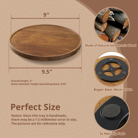 9 Inch Acacia Wood Lazy Susan Turntable Organizer for Cabinets showing dimensions, natural wood material, and stability features