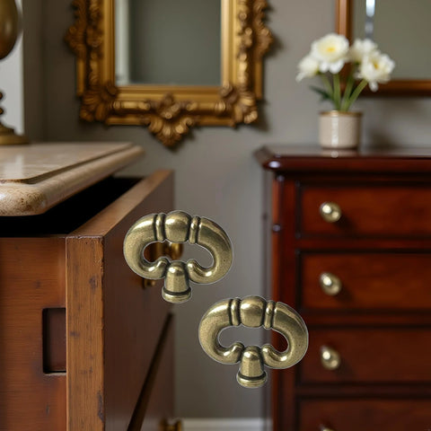 Close-up of set of 2 antique bronze ring drawer pulls with back plates on a wooden dresser in a classic room setting.
