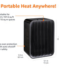 Portable Ceramic Space Heater For Indoor Use With Three Heat Settings And Temperature Control, dimensions labeled on image.