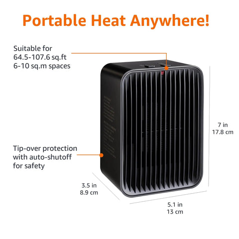 Portable Ceramic Space Heater For Indoor Use With Three Heat Settings And Temperature Control, dimensions labeled on image.