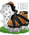 Spring Loaded Lawn Aerator Shoes With Aluminum Base And Double Layer Design No Mess Walks While Aerating Patios And Gardens Patented Bounce Tech For Mess Free Yard Work Black, shown with brown boots on grass.