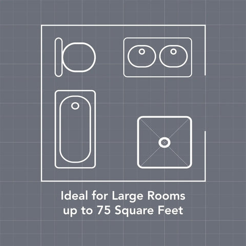 Diagram showing room layout ideal for InVent Series Ceiling Bathroom Exhaust Fan With LED Light, suitable for up to 75 sq ft.