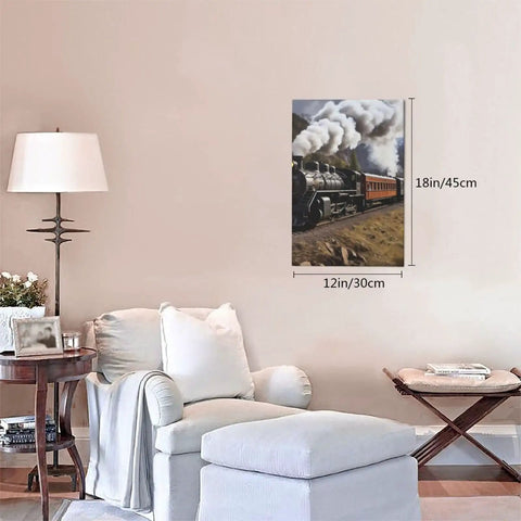 Steam Locomotive Train Canvas Wall Art Poster For Living Room Decor Modern Bedroom Print Dope Wall Hanging Artwork 12x18 Inch With Vintage Rail Theme And Bold Color Pop showing train in living room setting.