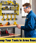 Person using Power Tool Organizer Wall Mount With Hooks Drill Holder And Screwdriver Rack Built In Power Strip Pro Grade Heavy Duty Iron Three Layer Garage Storage Shelf For Workshop Shed Pegboard Basement Yellow