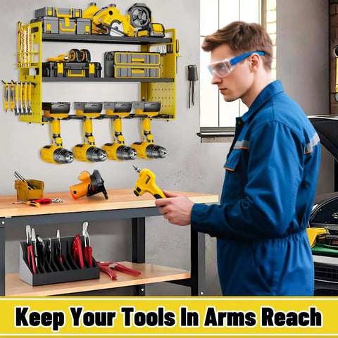 Person using Power Tool Organizer Wall Mount With Hooks Drill Holder And Screwdriver Rack Built In Power Strip Pro Grade Heavy Duty Iron Three Layer Garage Storage Shelf For Workshop Shed Pegboard Basement Yellow