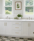 Champagne Bronze Modern Cabinet Pulls 3 Pack 6.5 Inch Total Length 5 Inch Center Bar Pulls on white bathroom cabinets