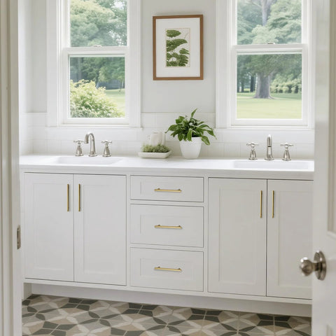 Champagne Bronze Modern Cabinet Pulls 3 Pack 6.5 Inch Total Length 5 Inch Center Bar Pulls on white bathroom cabinets